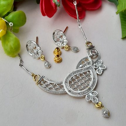 New Fancy White Gold Zircone Necklace Earring Jewellery Set