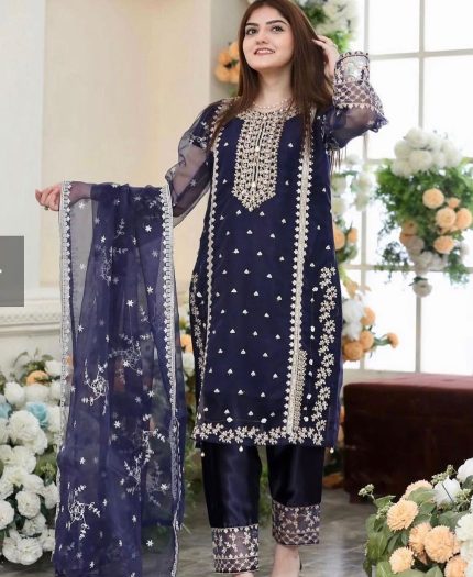 Organza Embroidery Shirt Dupatta 3pcs Khatan Silk Trouser Beautiful Fancy Suit Different Color Available